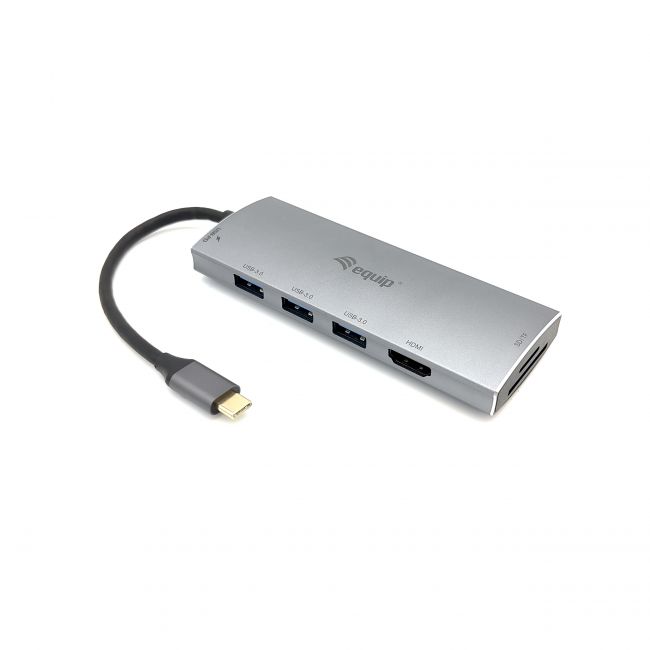 Equip Hub USB-C con 3x USB 3.0, 1x USB-C, 1x HDMI, Lector de Tarjetas SD y TF - Velocidad de hasta 5Gbps - Carcasa de Aluminio