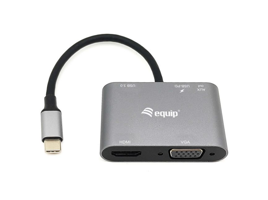 Equip 5 en 1 Adaptador Multifuncional USB-C con 1x USB-A 3.0, 1x USB-C PD, 1x HDMI, 1x RJ45, 1x AUX - Carcasa de Aluminio - Cable de 0.15m