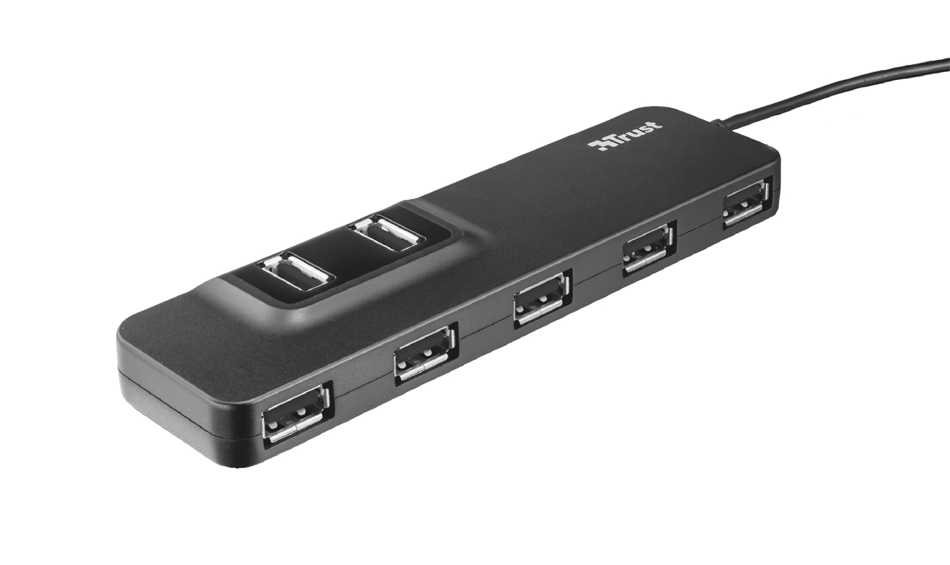 Trust Oila Hub 7 Puertos USB 2.0 - Alimentacion Externa - Proteccion Cortocircuitos - Cable de 1.40m - Color Negro