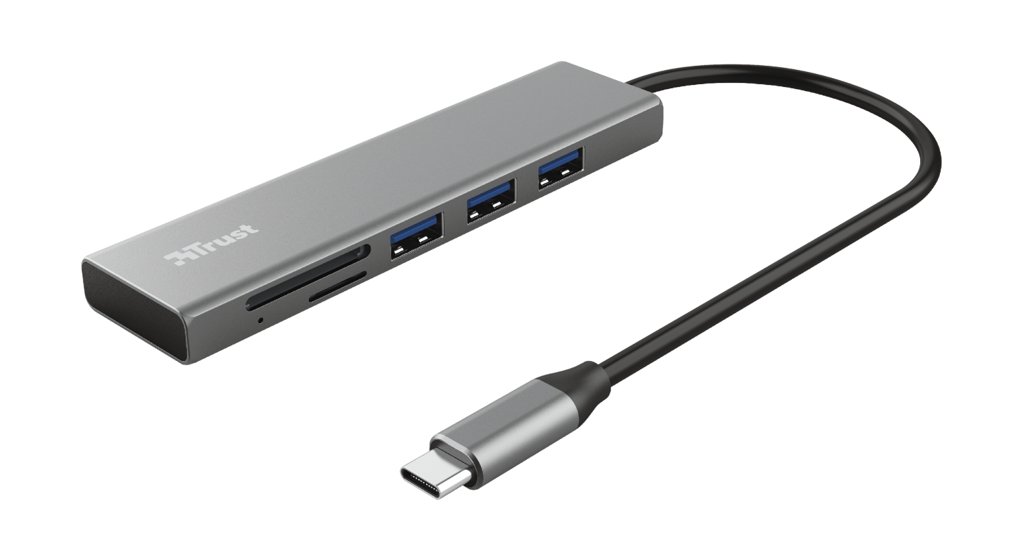 Trust Halyx Hub USB-C 3 Puertos USB-A + Lector de Tarjetas SD/MicroSD - Compatible con SDHC y SDXC - Hasta 5Gbps - Aluminio