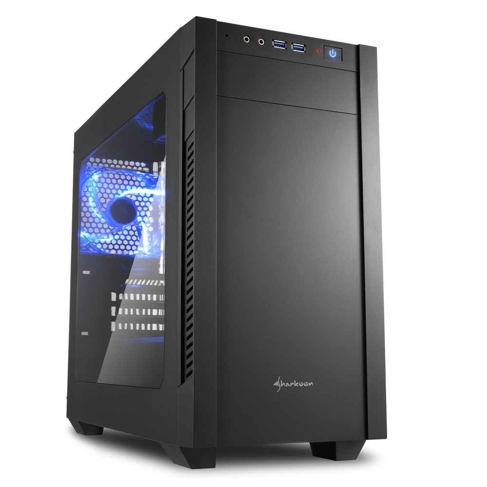 Sharkoon S1000 Window Caja Micro ATX, Mini-ITX - Panel Lateral Acrilico - Tamaño HDD 2.5\", 3.5\" y 5.25\" - USB-A 3.2 y Audio - 2 Ventiladores 120mm Incluidos - LED Azul en Ventilador Trasero - Soporta Refrigeracion Liquida