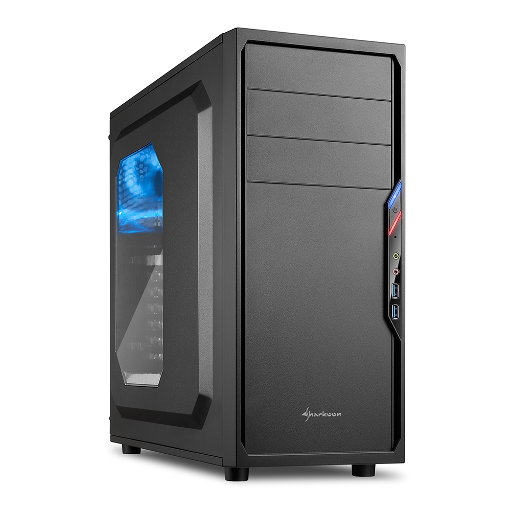 Sharkoon VS4-W Caja Semitorre ATX, Micro ATX, Mini-ITX - Panel Lateral Acrilico - Iluminacion LED Azul - Tamaño HDD 2.5\", 3.5\" - USB-A 3.0 y Audio - 2 Ventiladores 120mm Incluidos - Soporta Refrigeracion Liquida