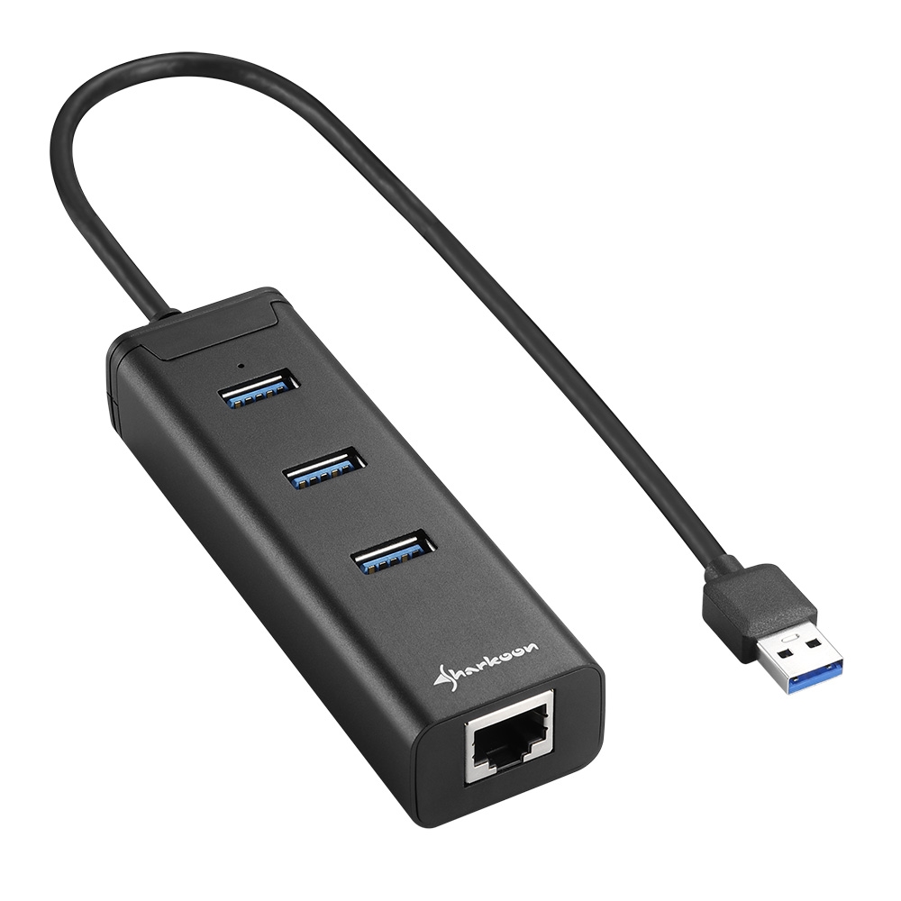 Sharkoon Hub USB-A 3.0 con 3x USB-A 3.0 + RJ45 Ethernet - Carcasa de Aluminio - Cable de 0.30m