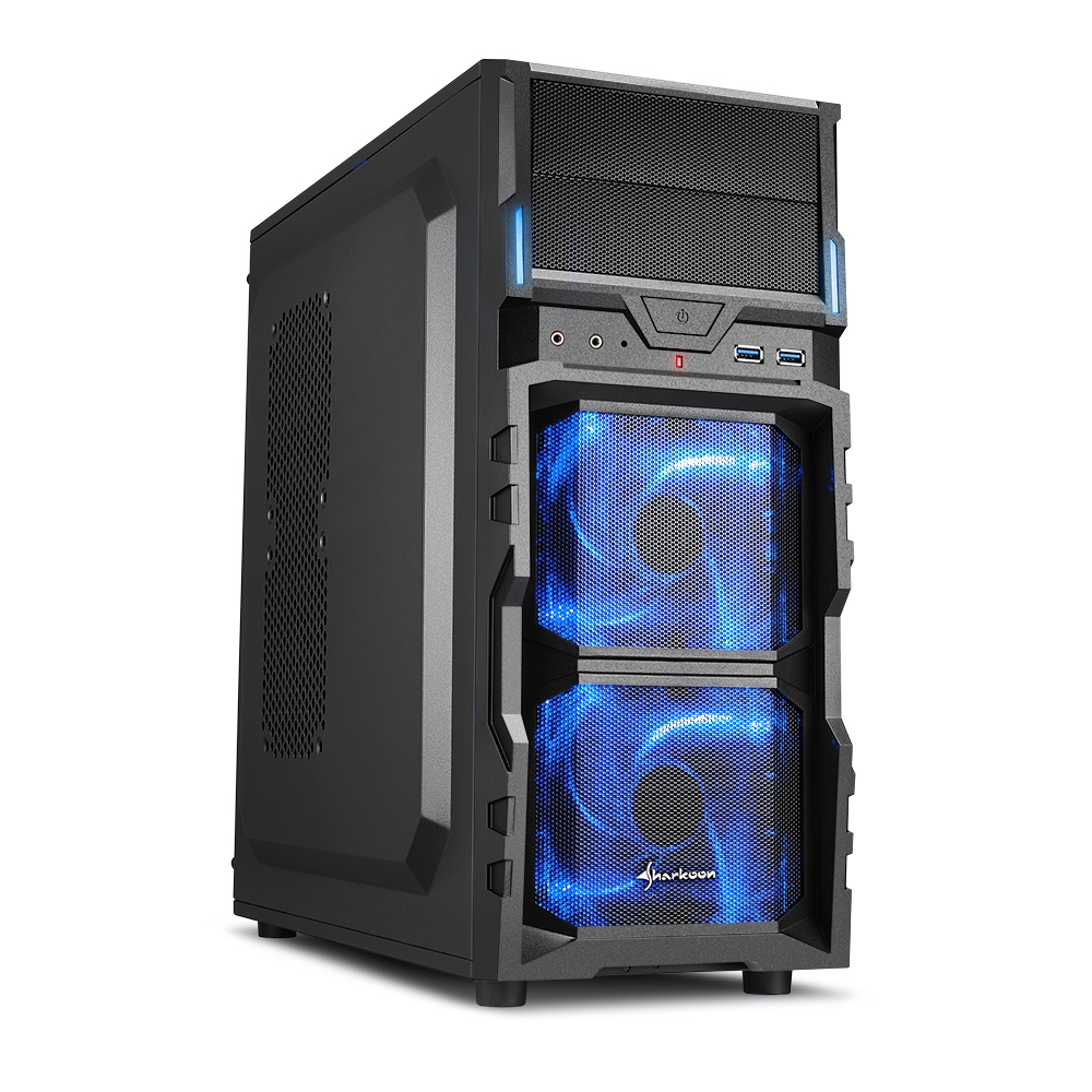 Sharkoon VG5-V Caja Torre ATX, Micro ATX, Mini-ITX - Iluminacion LED Azul - Tamaño HDD 2.5\", 3.5\" - USB-A 3.0 y Audio - 2 Ventiladores 120mm Incluidos