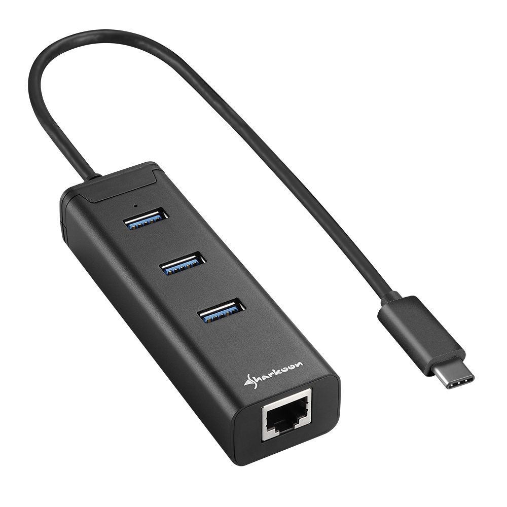 Sharkoon Hub USB-C con 3x USB-A 3.0 + RJ45 Ethernet - Carcasa de Aluminio - Cable de 0.30m