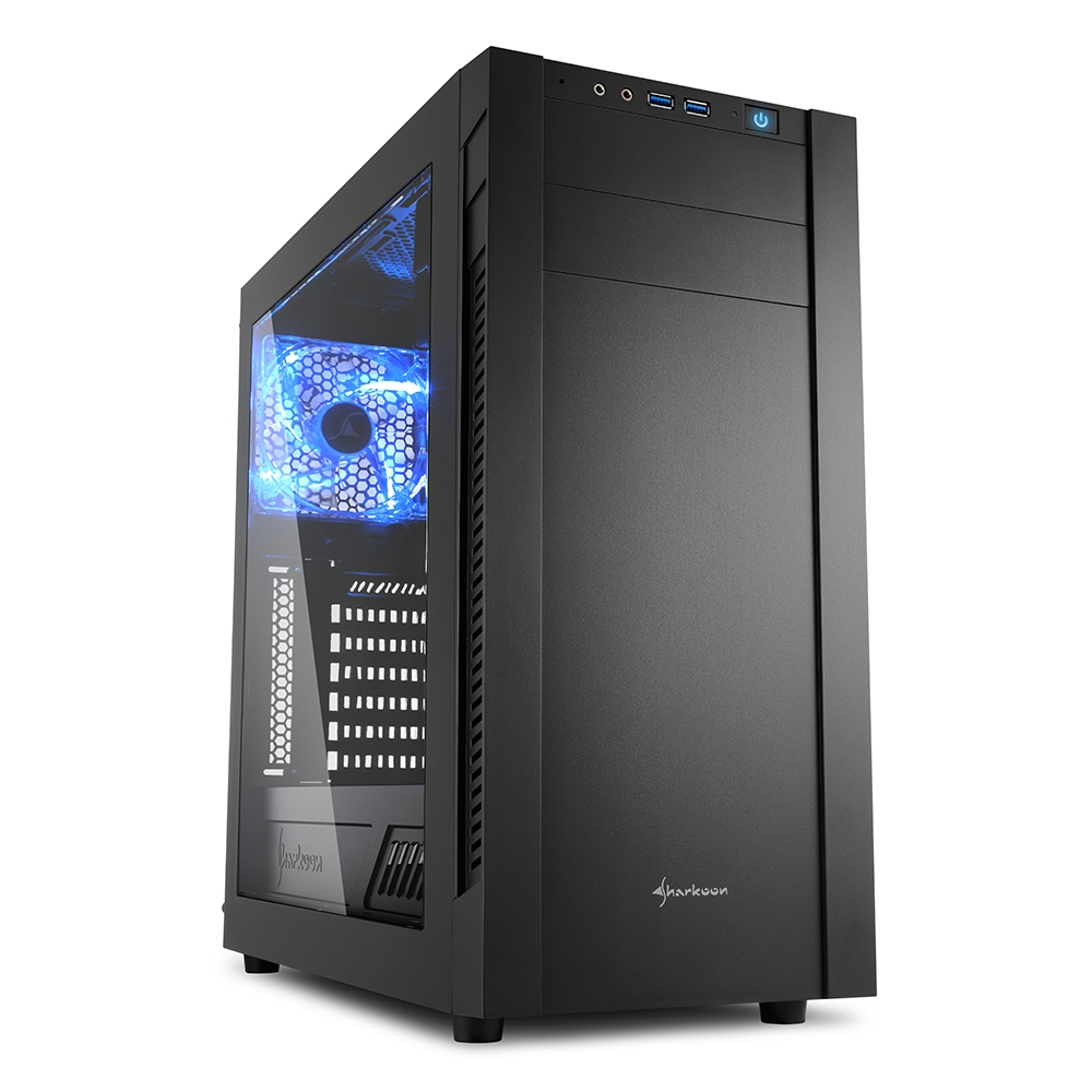 Sharkoon S25-W Caja Semitorre ATX, Micro ATX, Mini-ITX - Panel Lateral Acrilico - Tamaño HDD 2.5\", 3.5\" - USB-A 3.0 y Audio - 3 Ventiladores 120mm Incluidos - LED Azul en Ventilador Trasero - Soporta Refrigeracion Liquida