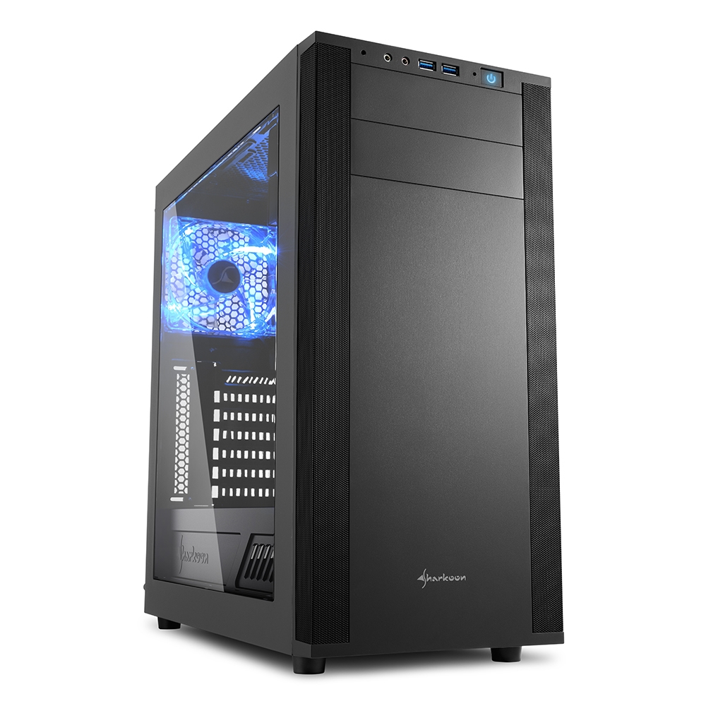 Sharkoon M25-W Caja Miditorre ATX, Micro ATX, Mini ITX - Sonido Virtual 7.1 - Panel Lateral Acrilico - USB-A 3.0 y Audio - 3 Ventiladores 120mm Incluidos - LED Azul en Ventilador Trasero - Soporta Refrigeracion Liquida