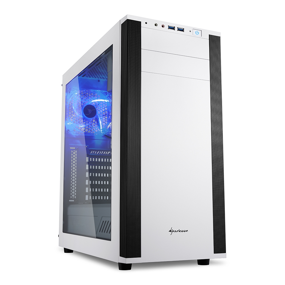 Sharkoon M25-W Caja Miditorre ATX, Micro ATX, Mini ITX - Sonido Virtual 7.1 - Panel Lateral Acrilico - USB-A 3.0 y Audio - 3 Ventiladores 120mm Incluidos - LED Azul en Ventilador Trasero - Soporta Refrigeracion Liquida