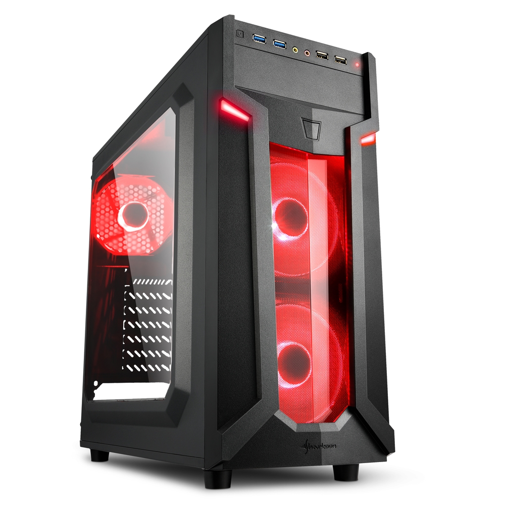 Sharkoon VG6-W Caja Semitorre ATX, Micro ATX, Mini-ITX - Panel Lateral Acrilico - Iluminacion LED Rojo- Tamaño HDD 2.5\", 3.5\" - USB-A 3.2, USB-A 2.0 y Audio - 3 Ventiladores 120mm Incluidos