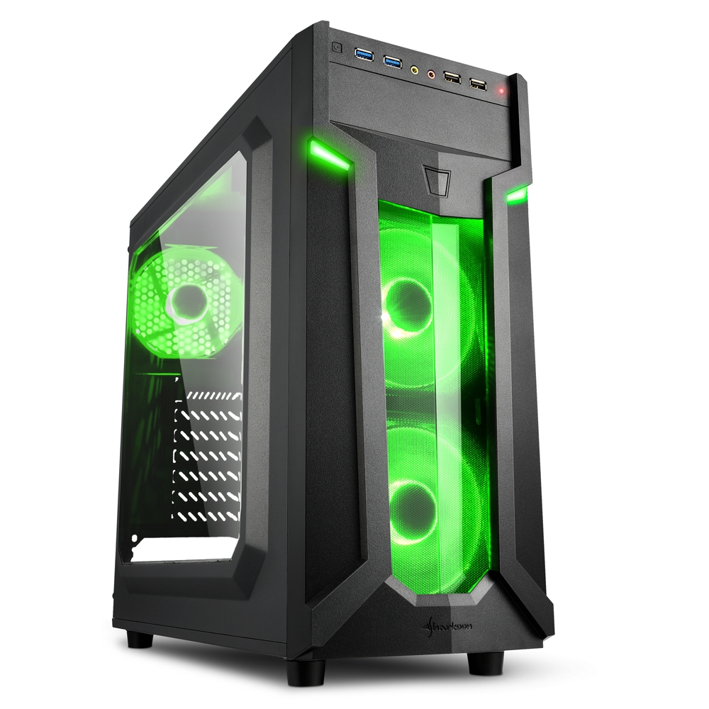 Sharkoon VG6-W Caja Semitorre ATX, Micro ATX, Mini-ITX - Panel Lateral Acrilico - Iluminacion LED Verde - Tamaño HDD 2.5\", 3.5\" - USB-A 3.2, USB-A 2.0 y Audio - 3 Ventiladores 120mm Incluidos