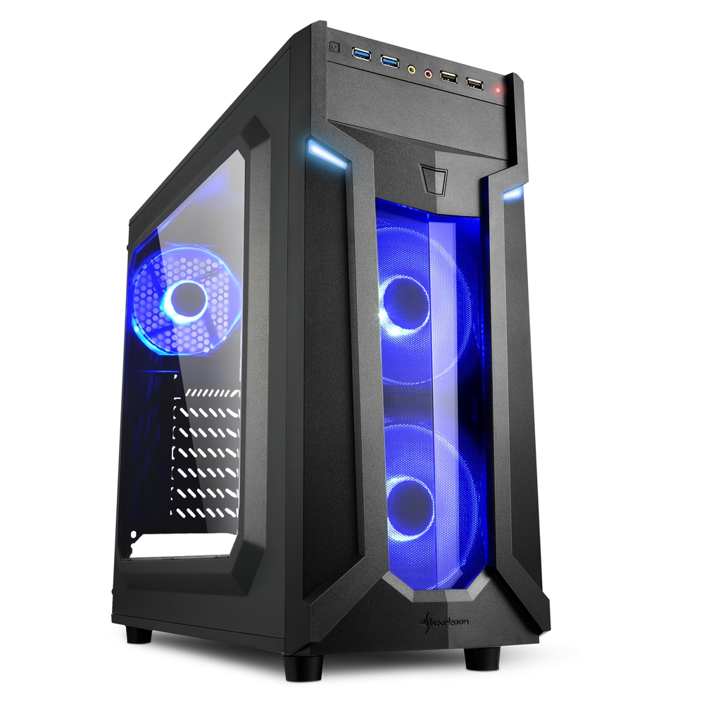 Sharkoon VG6-W Caja Semitorre ATX, Micro ATX, Mini-ITX - Panel Lateral Acrilico - Iluminacion LED Azul - Tamaño HDD 2.5\", 3.5\" - USB-A 3.2, USB-A 2.0 y Audio - 3 Ventiladores 120mm Incluidos