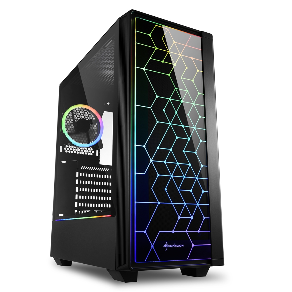 Sharkoon RGB LIT 100 Caja Miditorre ATX, Micro ATX, Mini ITX - Lateral Cristal Templado - Iluminacion RGB - Tamaño HDD 2.5\", 3.5\" - USB-A 3.2, USB-A 2.0, y Audio - 2 Ventiladores 120mm Incluidos - Soporta Refrigeracion Liquida