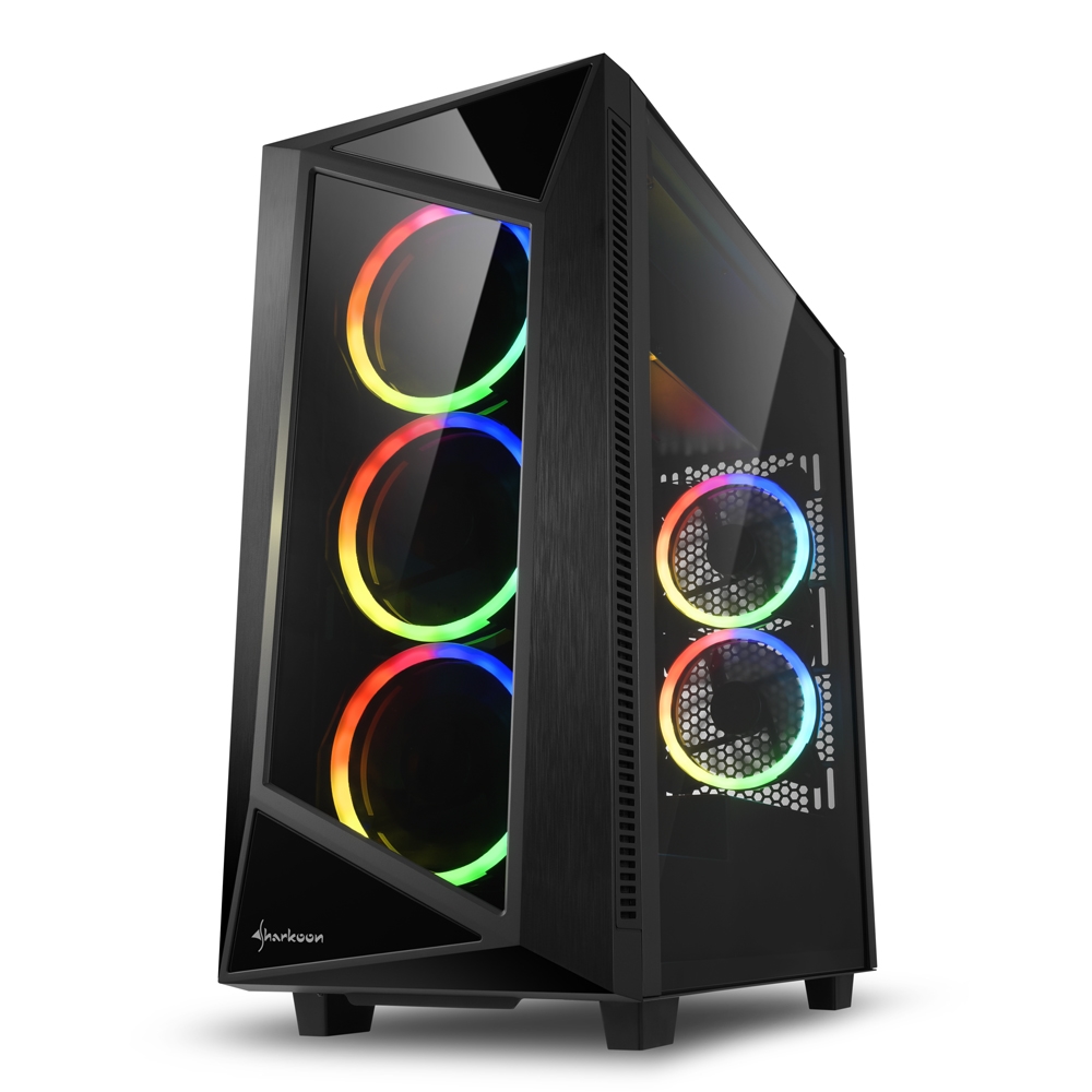 Sharkoon REV200 Caja Miditorre ATX, Micro ATX, Mini ITX - Frontal y Lateral Cristal Templado - Iluminacion RGB - Tamaño HDD 2.5\", 3.5\" - USB 3.2, USB 2.0, Entrada Audio - 5 Ventiladores 120mm Incluidos - Soporta Refrigeracion Liquida