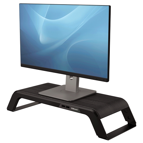 Fellowes Hana Soporte para Monitor - Ajustable en 3 Alturas - 4 Puertos USB - Base de Aluminio y Acabado en Madera - Hasta 22kg - Color Negro