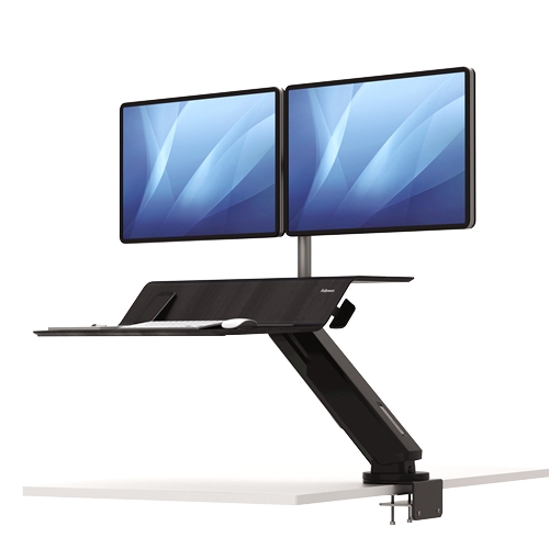 Fellowes Sit-Stand Lotus RT Estacion de Trabajo Doble - Amplia Superficie - Incluye Brazo Monitor - Superficie de Madera Resistente - Color Negro