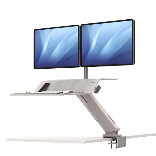 Fellowes Sit-Stand Lotus RT Estacion de Trabajo Doble - Amplia Superficie - Incluye Brazo Monitor - Superficie de Madera Resistente - Color Blanco