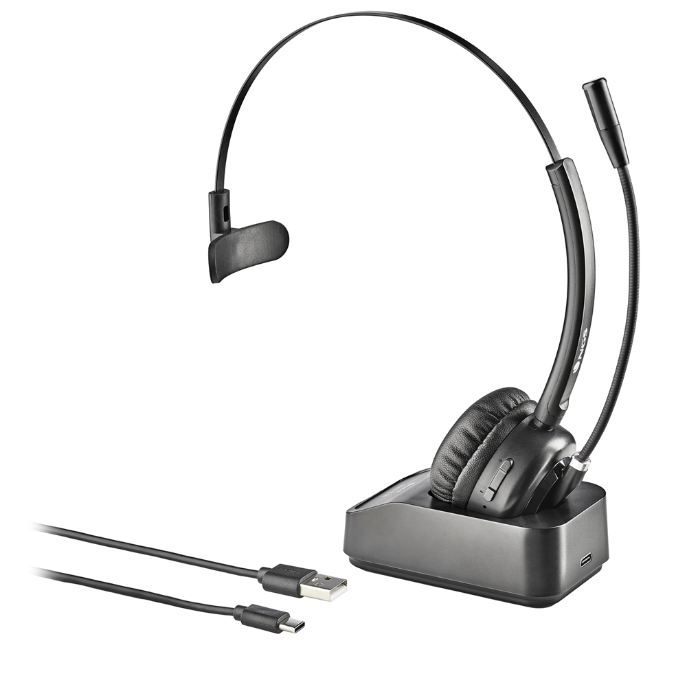 NGS Buzz Blab Auriculares Mono con Microfono Bluetooth 5.0 + Base de Carga - Autonomia hasta 16h - Microfono Plegable - Diadema Ajustable - Almohadilla Acolchada - Controles en Auricular