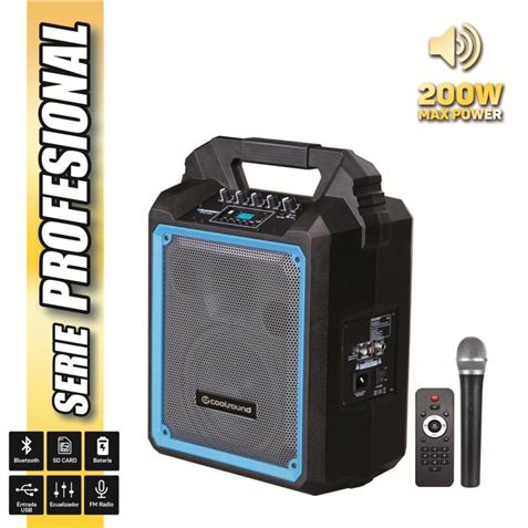 Coolsound Pro 200 Altavoz Autoamplificado Bluetooth 200W 6.5\" 60W RMS con Bateria - USB, SD, Entrada Mic. Jack 6.3mm - 1 Microfono Serie Pro Cool - Autonomia hasta 3.5h - Asa de Transporte - Mando a Distancia