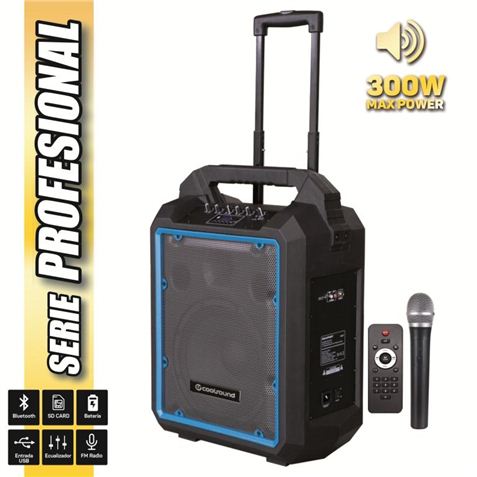 Coolsound Pro 300 Altavoz Autoamplificado Bluetooth 300W 10\" 80W RMS con Bateria - USB, SD, Entrada Mic. Jack 6.3mm - 1 Microfono Serie Pro Cool - Autonomia hasta 4h - Asa y Ruedas de Transporte - Mando a Distancia