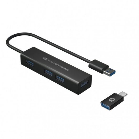 Conceptronic Hub USB-A 3.0 con 4x USB-A 3.0 + Adaptador USB-C - Carcasa de Aluminio