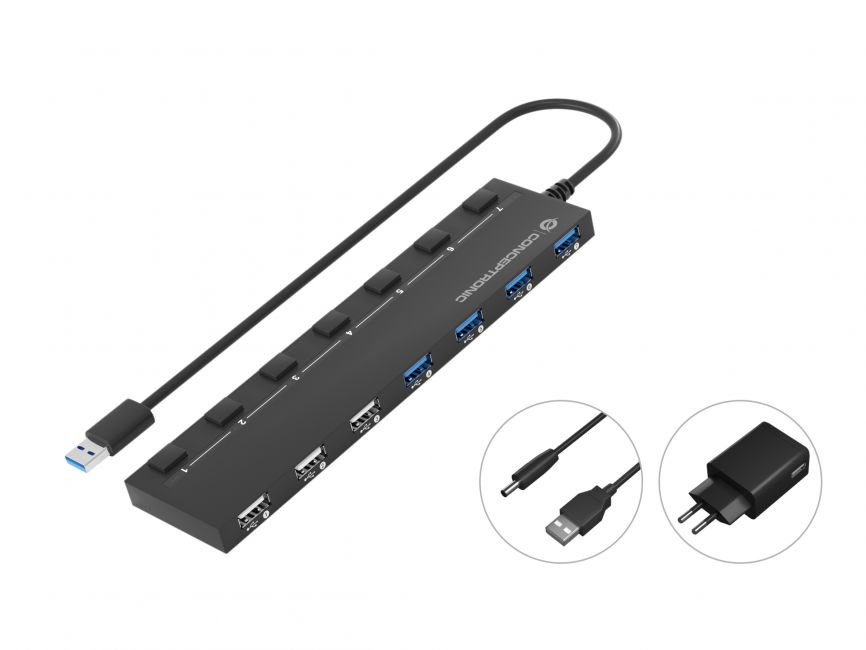 Conceptronic Hub USB-A 3.0 con 4x USB-A 3.0 y 3x USB-A 2.0 - Interruptores de Encendido Individuales - Base Imantada - Adaptador de Corriente Incluido