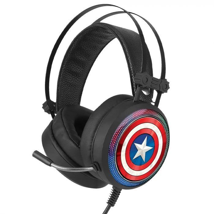 Leotec Captain America 001 Marvel Auriculares Gaming con Microfono Flexible Sonido 7.1 - Conexion Jack 3.5mm - Iluminacion RGB - Diadema Ajustable - Almohadillas Acolchadas - Cable de 2.20m