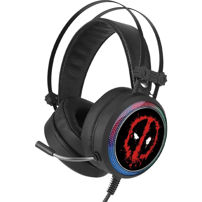 Leotec Deadpool 001 Marvel Auriculares Gaming con Microfono Flexible Sonido 7.1 - Conexion Jack 3.5mm - Iluminacion RGB - Diadema Ajustable - Almohadillas Acolchadas - Cable de 2.20m