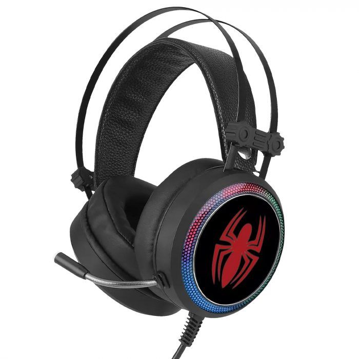 Leotec Spider Man 001 Marvel Auriculares Gaming con Microfono Flexible Sonido 7.1 - Conexion Jack 3.5mm - Iluminacion RGB - Diadema Ajustable - Almohadillas Acolchadas - Cable de 2.20m