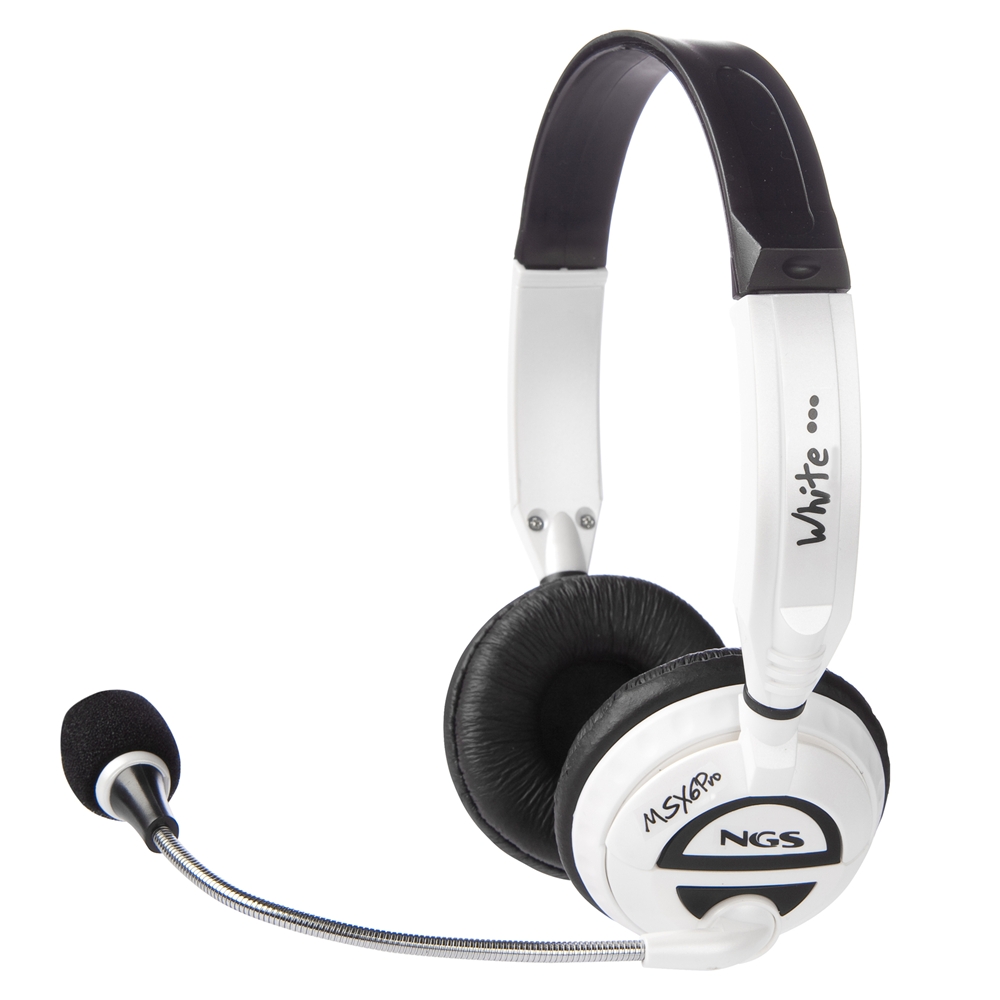 NGS MSX6 Pro Auriculares con Microfono - Microfono Flexible - Diadema Ajustable - Almohadillas Acolchadas - Control de Volumen - Color Blanco