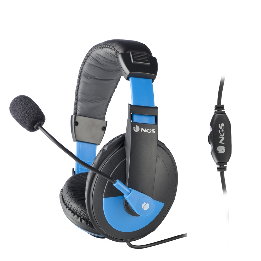 NGS MSX9 Pro Auriculares con Microfono - Microfono Flexible - Diadema Ajustable - Almohadillas Acolchadas - Control de Volumen - Cable de 2.20m - Color Negro/Azul