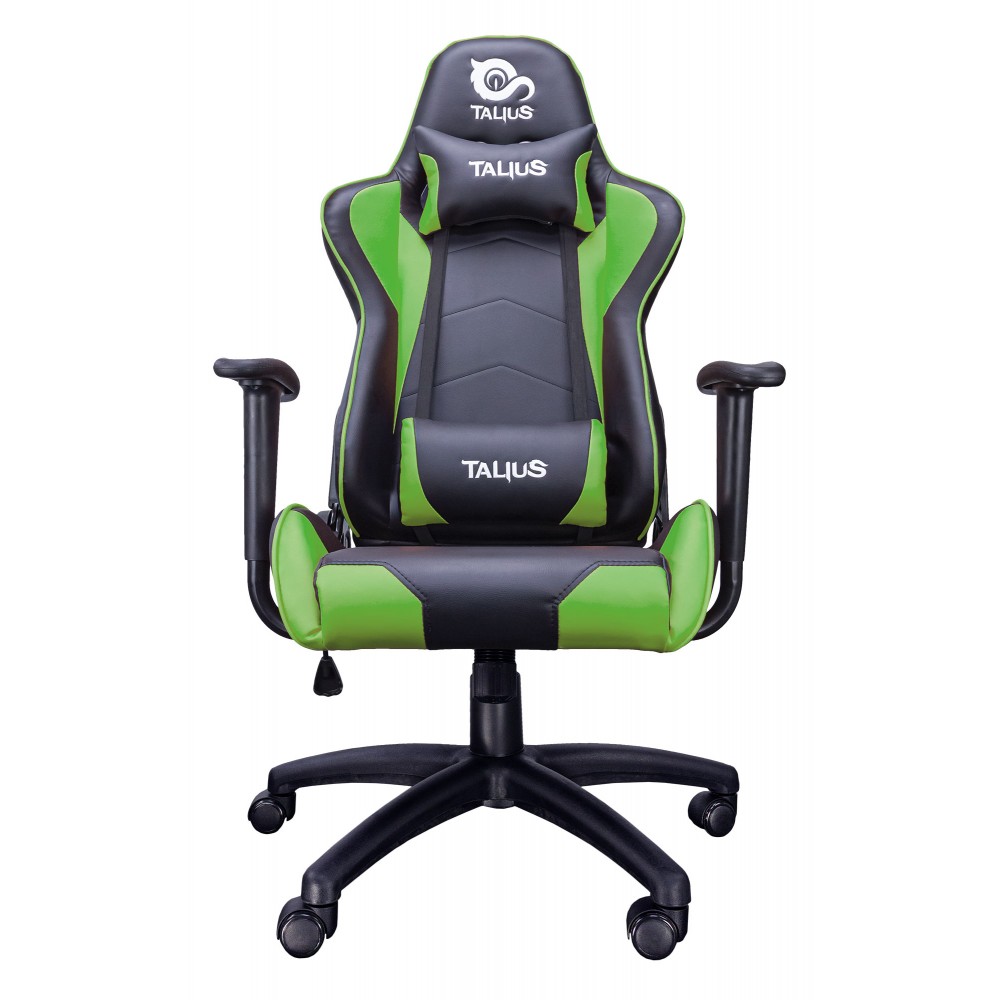 Talius Silla Gaming Gecko - Reposabrazos Fijos - Inclinacion Ajustable hasta 150º - Cojin Lumbar Ajustable - Almohada Cervical - Mecanismo Butterfly - Ruedas de Nylon - Piston de Gas Clase 4 - Base PVC - Peso Max. 120kg - Color Negro/Verde