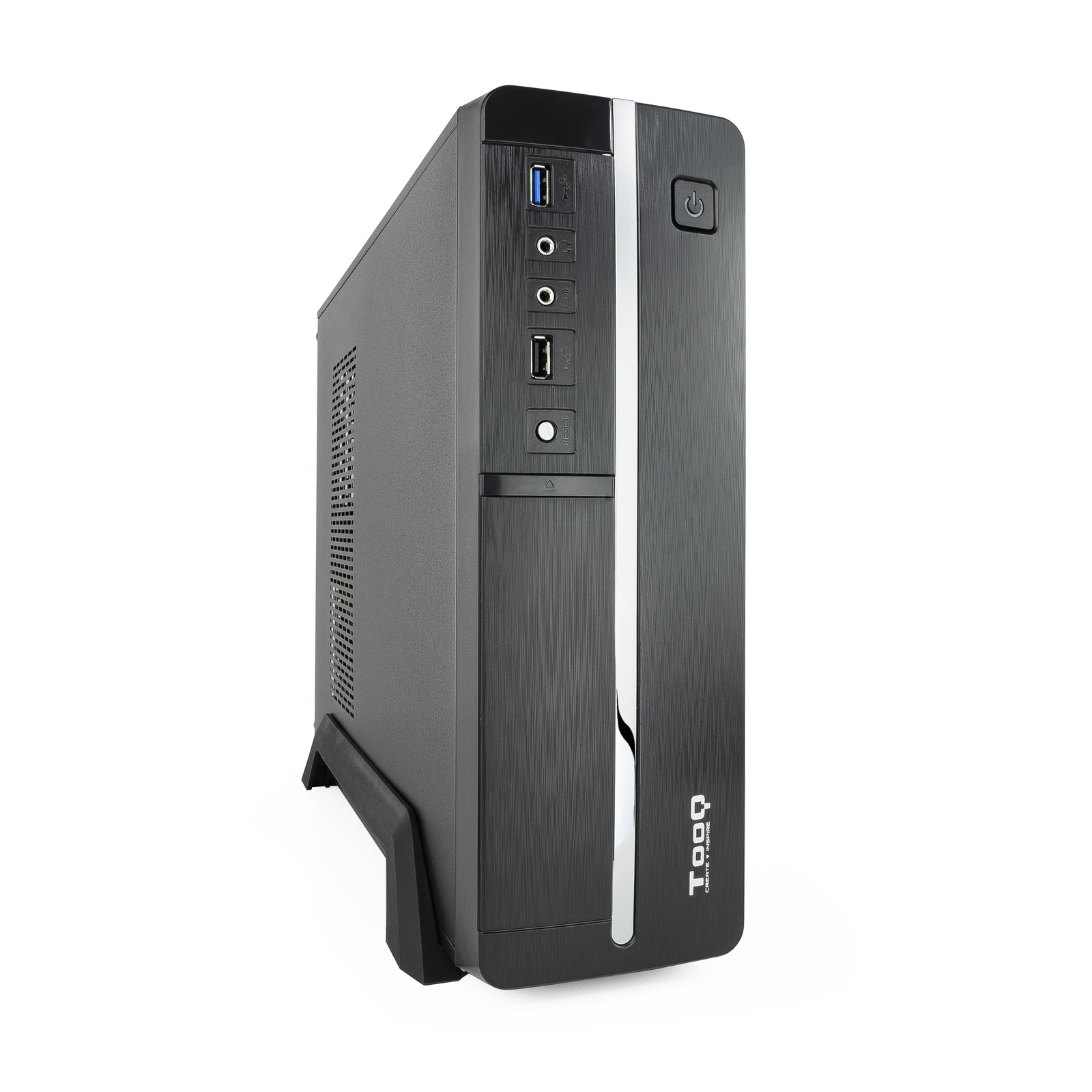 Tooq Caja Micro ATX, Mini ITX Slim - Fuente de Alimentacion 500W - 1x HDD3,5 + 1x SDD2,5 + 1x HDD5.25 - USB-2.0, USB 3.0, Mic - Color Negro