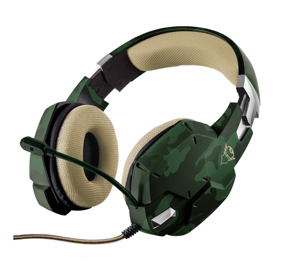 Trust Gaming GXT 322C Carus Auriculares con Microfono - Microfono Flexible - Diadema Ajustable - Controles en Auricular - Cable Trenzado de 2m - Color Verde Camuflaje