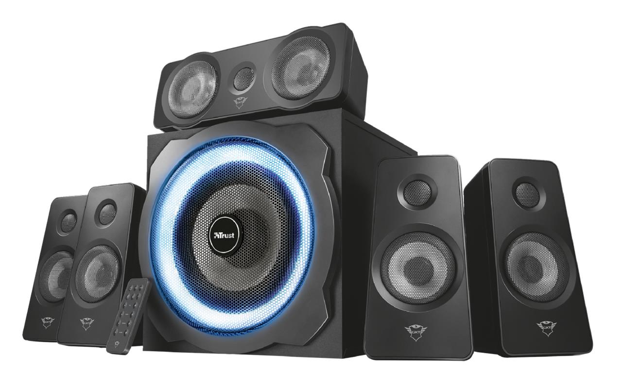 Trust Gaming GXT 658 Tytan Set de Altavoces 5.1 180W - Subwoofer de Madera - Iluminacion LED Azul - Bajos Profundos - Mando a Distancia - Color Negro