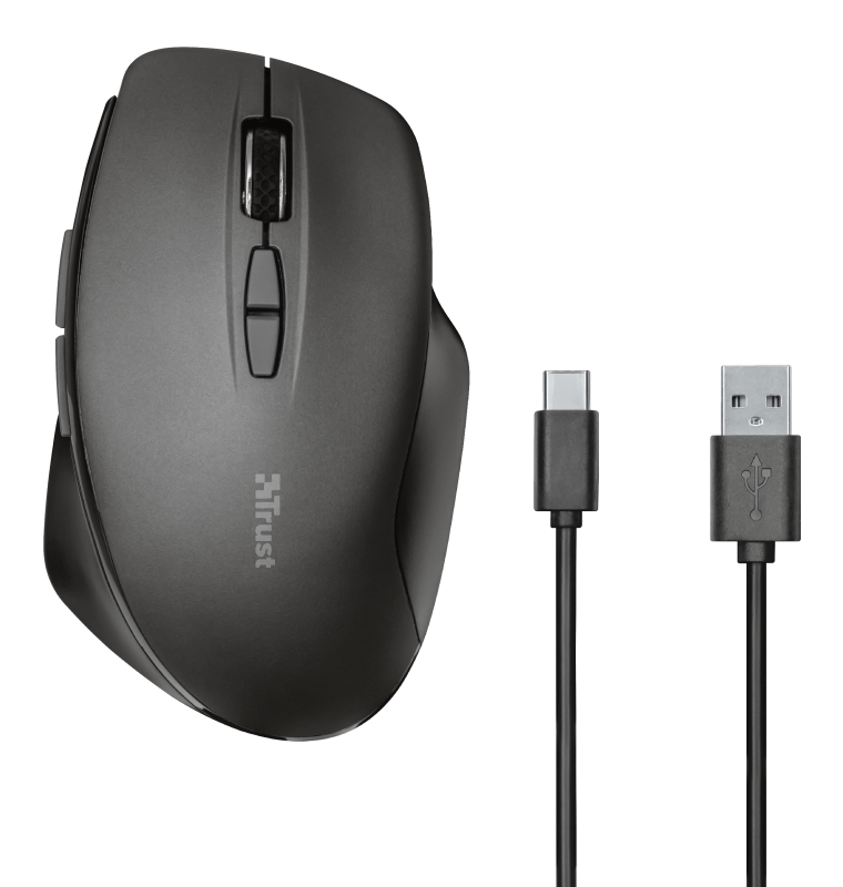 Trust Themo Raton Inalambrico Ergonomico Recargable USB 1600dpi - 5 Botones - Uso Diestro - Color Negro