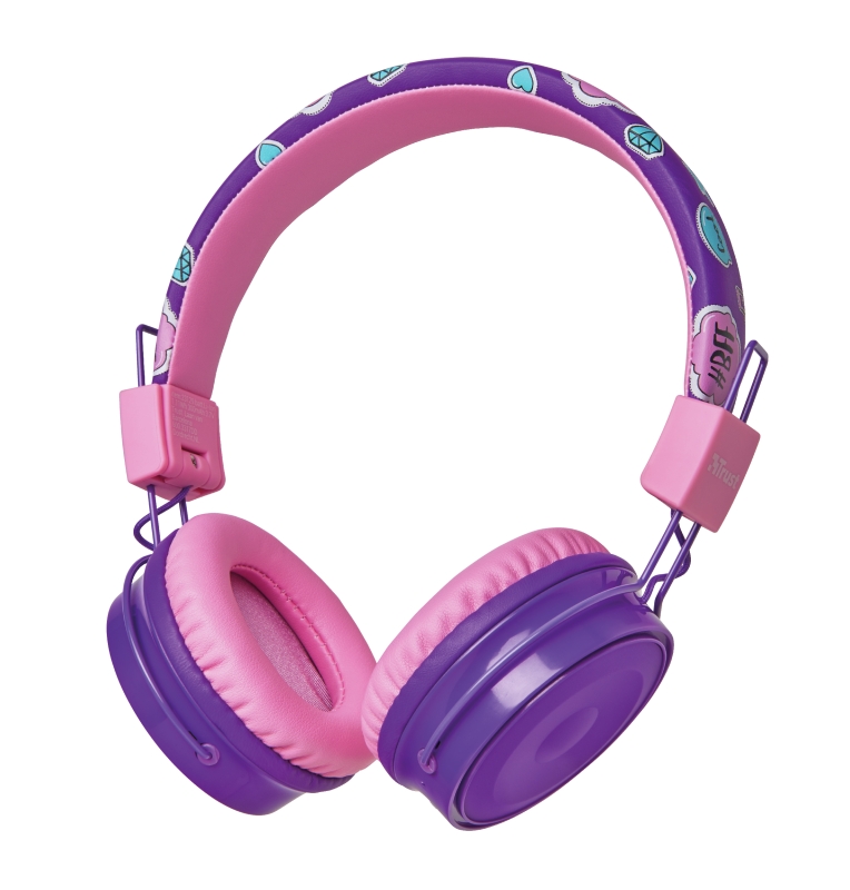 Trust Comi Auriculares Infantiles Bluetooth - Limitacion de Volumen 85db - Microfono Integrado - Controles en Auricular - Diadema Ajustable - Plegables - Color Violeta/Rosa