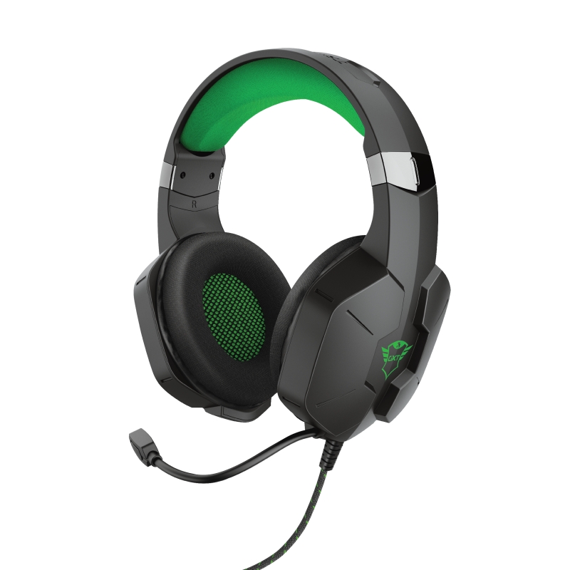 Trust Gaming GXT 323X Carus Auriculares con Microfono - Microfono Flexible - Diadema Ajustable - Amplias Almohadillas - Altavoces de 50mm - Cable Trenzado de 1m - Color Negro/Verde