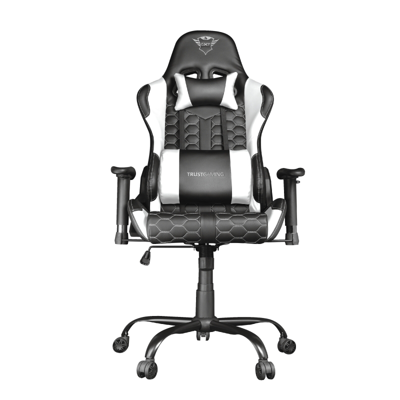 Trust GXT 708R Resto Silla Gaming - Reposabrazos - Respaldo Ajustable entre 90° y 180° - Cojin Lumbar y Cervical - Ruedas de Nylon - Piston de Gas Clase 4 - Base Metal - Peso Max. 150kg - Color Negro/Blanco